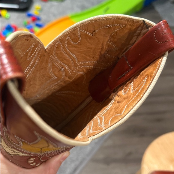 Dan Post Red Leather Heeled Boots with Yellow and Cream Accents - Picture 8 of 11